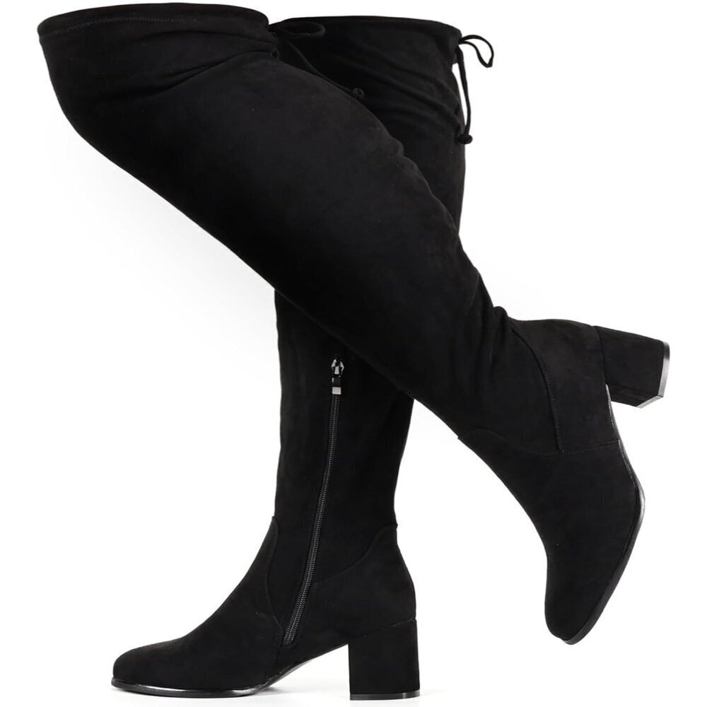 Women Black Faux Suede Chunky ​​Block Heel Round Toe Fall Side Zipper Boots